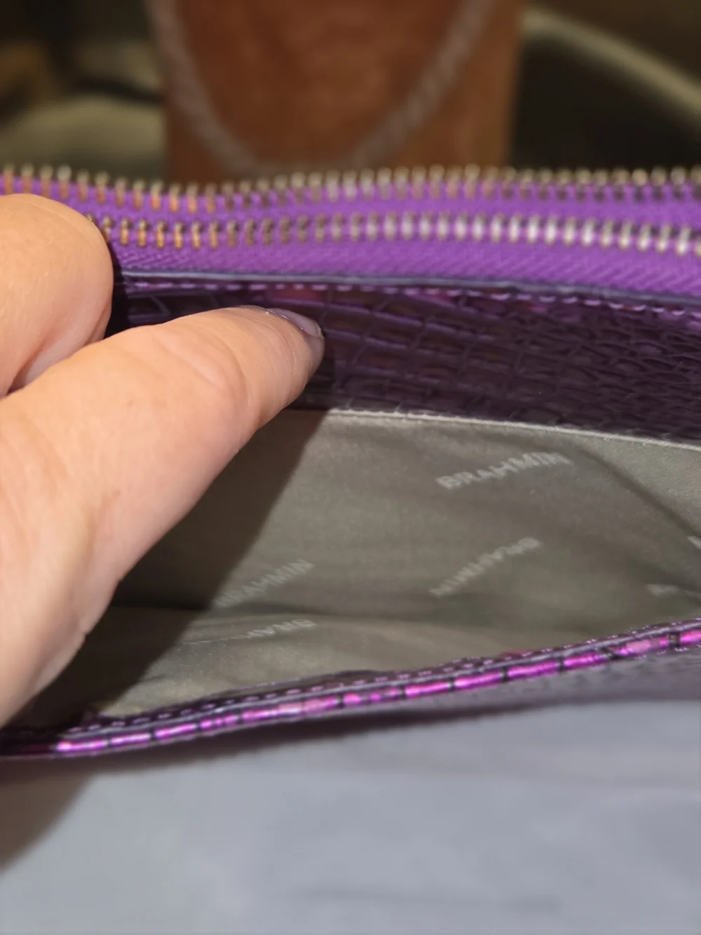 Brahmin Purple Croc-Embossed Large Hobo Bag With Credit Card Holder With Zipper